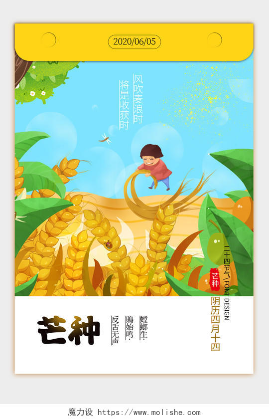 芒种插画稻谷小麦传统节气宣传海报